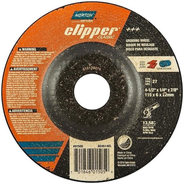 Norton Clipper Clipper Classic A AO Series Grinding Wheel, 412 in Dia, 14 in Thick, 78 in Arbor 70184601505